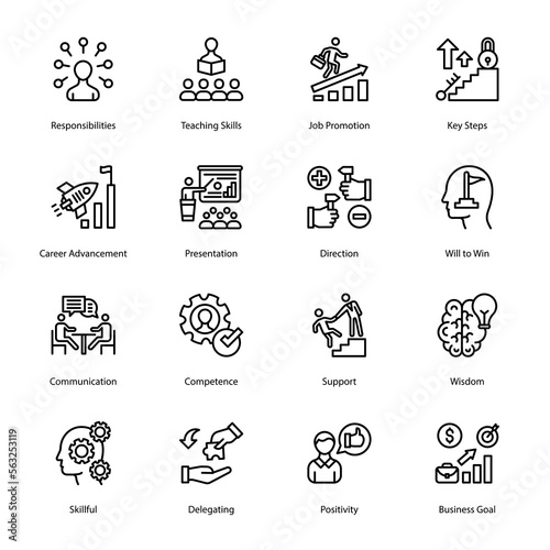 Responsibilities, Teaching Skills, Job Promotion, Key Steps, Career Advancement, Presentation, Direction, Will to Win, Communication, Competence, Outline Icons - Stroked, Vectors