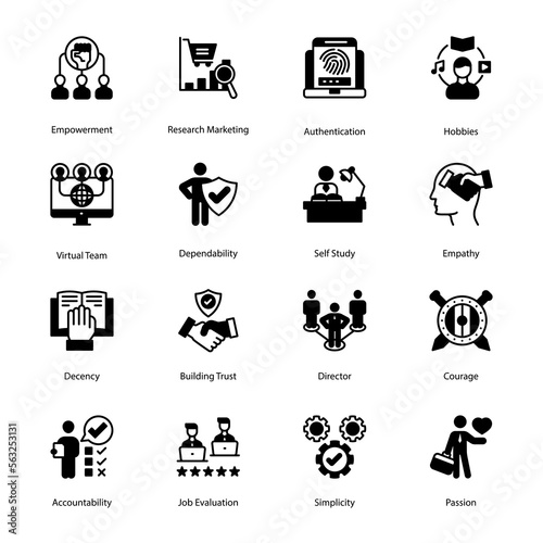 Empowerment, Research Marketing, Authentication, Hobbies, Virtual Team, Dependability, Self Study, Empathy, Decency, Building Trust, Director Glyph Icons - Solid, Vectors