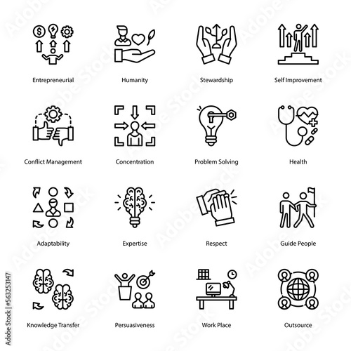 Entrepreneurial, Humanity, Stewardship, Self Improvement, Conflict Management, Concentration, Problem Solving, Health, Adaptability, Expertise, Respect, Outline Icons - Stroked, Vectors