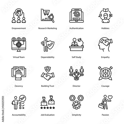Empowerment, Research Marketing, Authentication, Hobbies, Virtual Team, Dependability, Self Study, Empathy, Decency, Building Trust, Director, Outline Icons - Stroked, Vectors