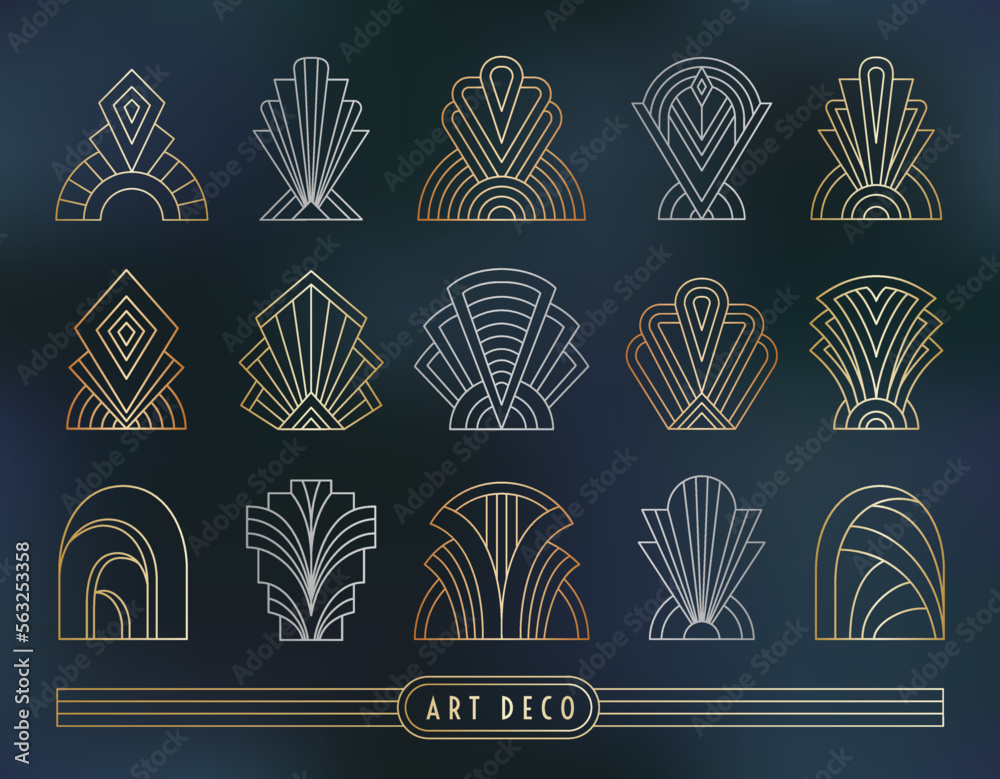 Art Deco style symbol set. Geometric outline signs on the dark gray blue marble textured background. Linear gold, silver, copper colored elements. EPS 10 linear design vector illustration. - obrazy, fototapety, plakaty 