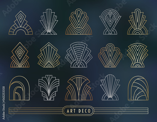 Art Deco style symbol set. Geometric outline signs on the dark gray blue marble textured background. Linear gold, silver, copper colored elements. EPS 10 linear design vector illustration.