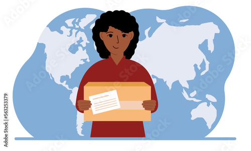 Female courier in uniform holding a box. The concept of delivering parcels around the world. Vector flat illustration