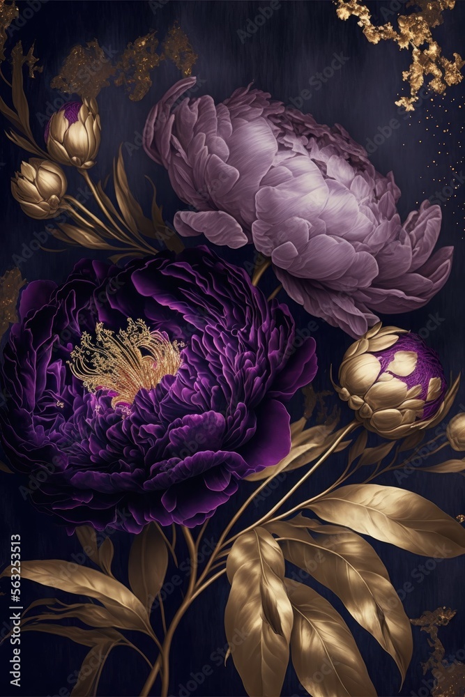Obraz premium Elegant purple and golden peonies flowers. Still life. Romance gift card design. Generative ai.