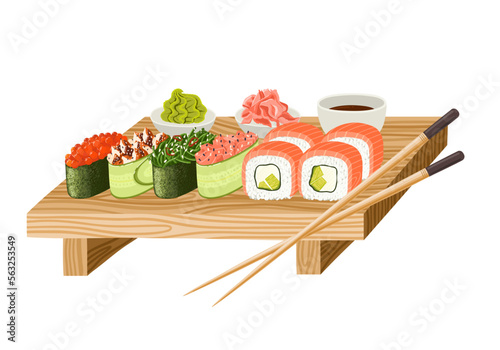 Japanese sushi set with gunkans and philadelphia rolls with salmon on wooden plate. Vector clipart.