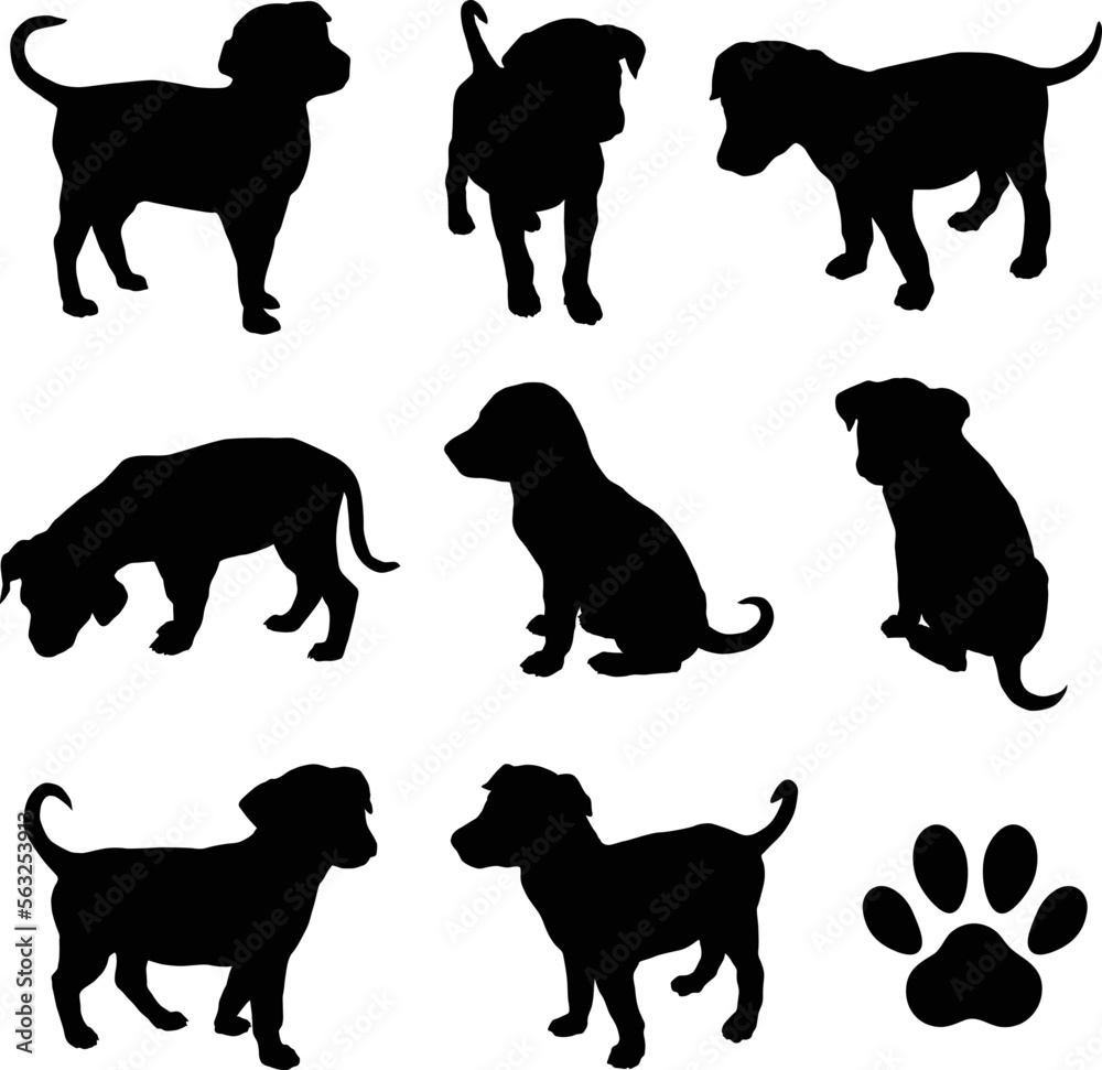 Vector puppy silhouettes and paw shapes.