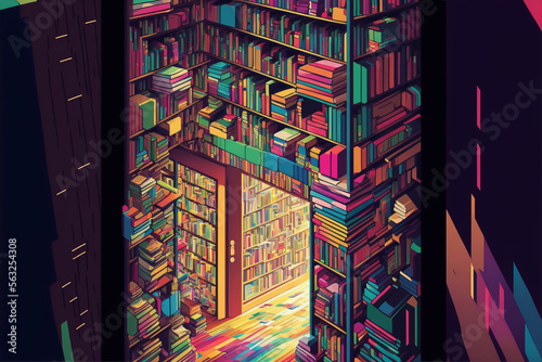Book library with many colored books everywhere - Digital Art Design, unique illustration concept | Generative AI
