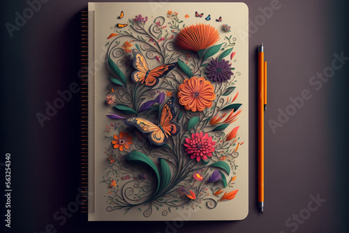 Garden of Delights: A Notebook Cover decorated with flowers and butterflies - Digital Art Design, unique illustration concept | Generative AI