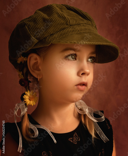 portrait of a little girl with pigtails in a green retro cap on a brown background