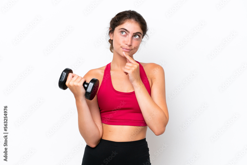 Young sport caucasian woman making weightlifting isolated on white background having doubts and thinking Young sport caucasian woman making weightlifting isolated on white background having doubts and thinking