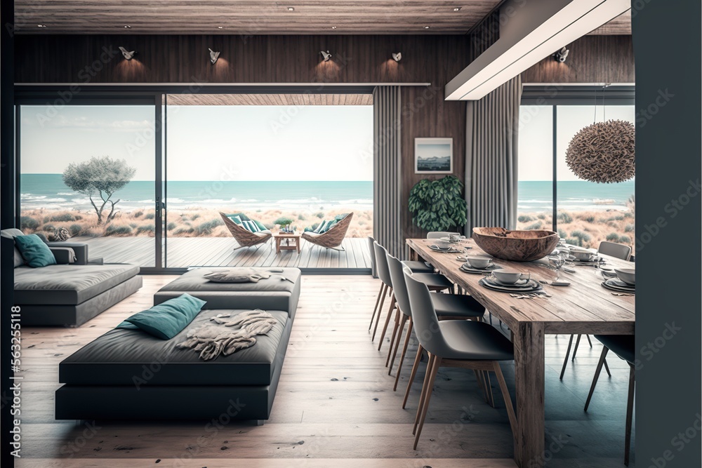 Dining and living room with a sea view, created with Generative AI technology