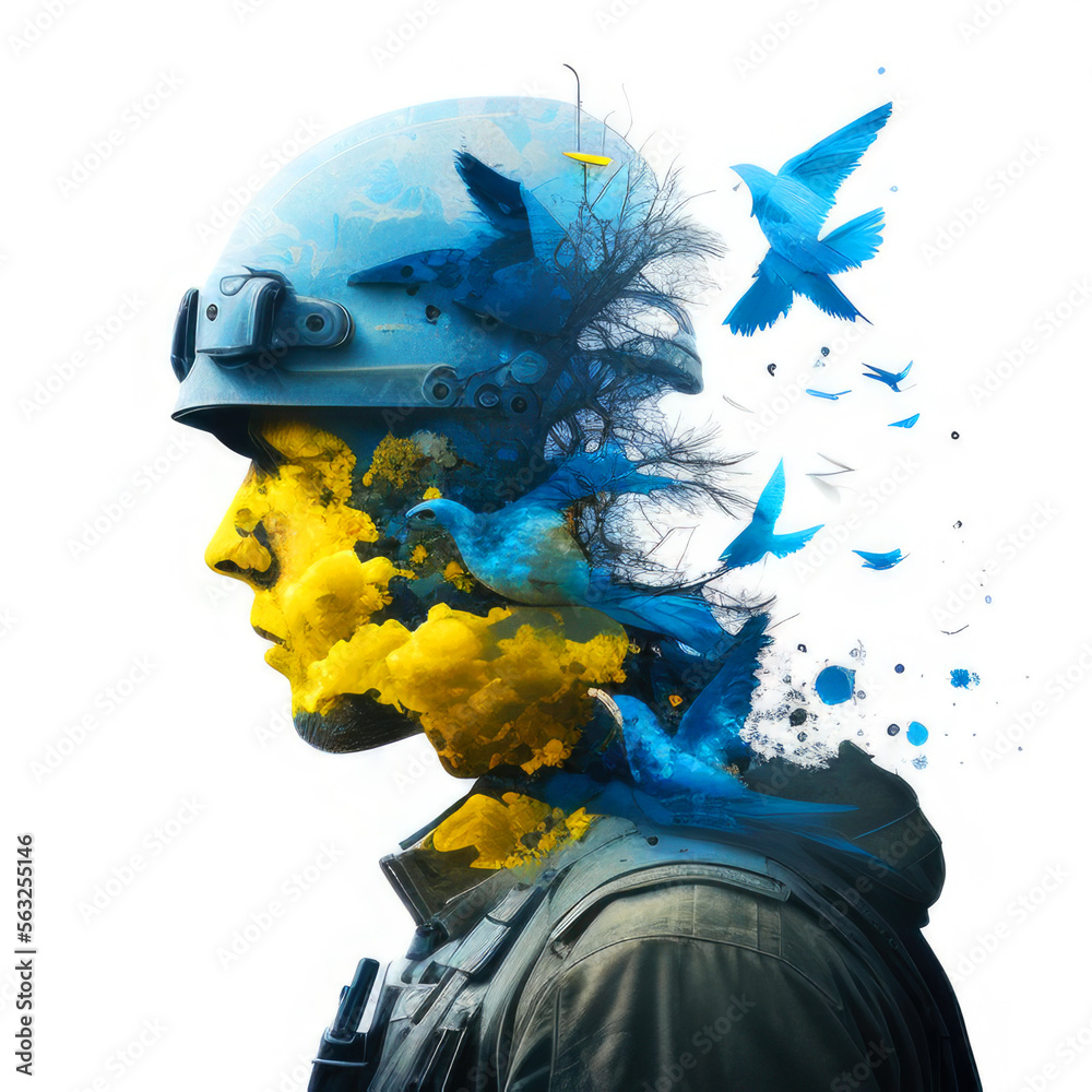 Guerre en Ukraine, soldat et char tank. Illustration abstraite jaune et bleu drapeau Ukrainien. Guerre Ukraine / Russie. Generative AI