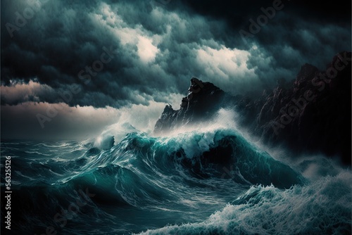 Dramatic shot of a stormy ocean with crashing waves, created with Generative AI technology