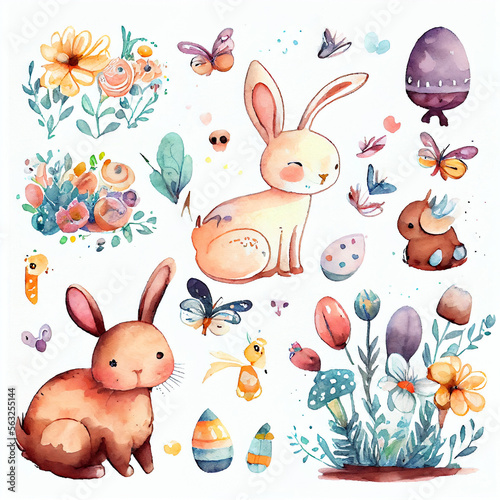 A cute whimsical cartoon collection on white background. Watercolor pastel. Easter Egg. Generative AI