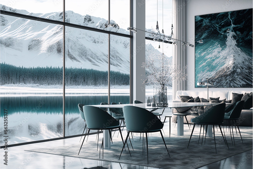 Modern luxury living and dining room with frozen lake, created with ...
