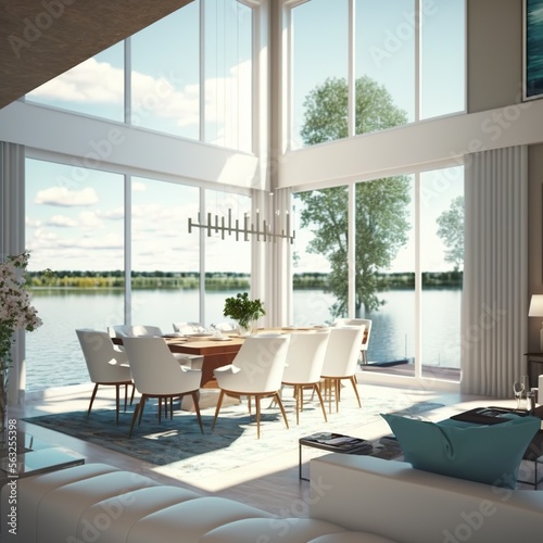 Modern luxury living and dining room with lake view  created with Generative AI technology