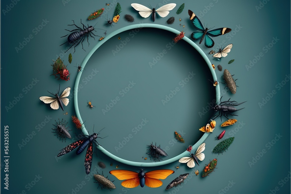 Fototapeta premium Round frame with copy space surrounded by insects, created with Generative AI technology