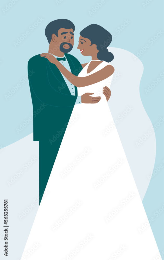 Happy bride and groom. African American couple standing posing happy on wedding day holding each other.