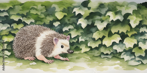 A beautiful painted watercolor aquarel of a Hedgehog character in its natural habitat photo