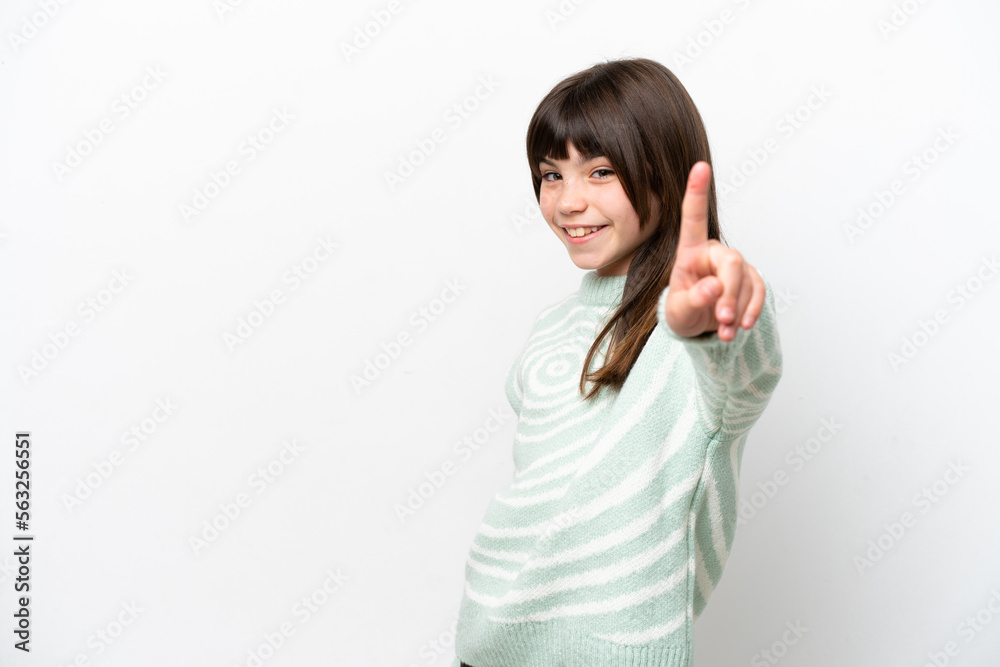 Little caucasian girl isolated on white background showing and lifting a finger Little caucasian girl isolated on white background showing and lifting a finger