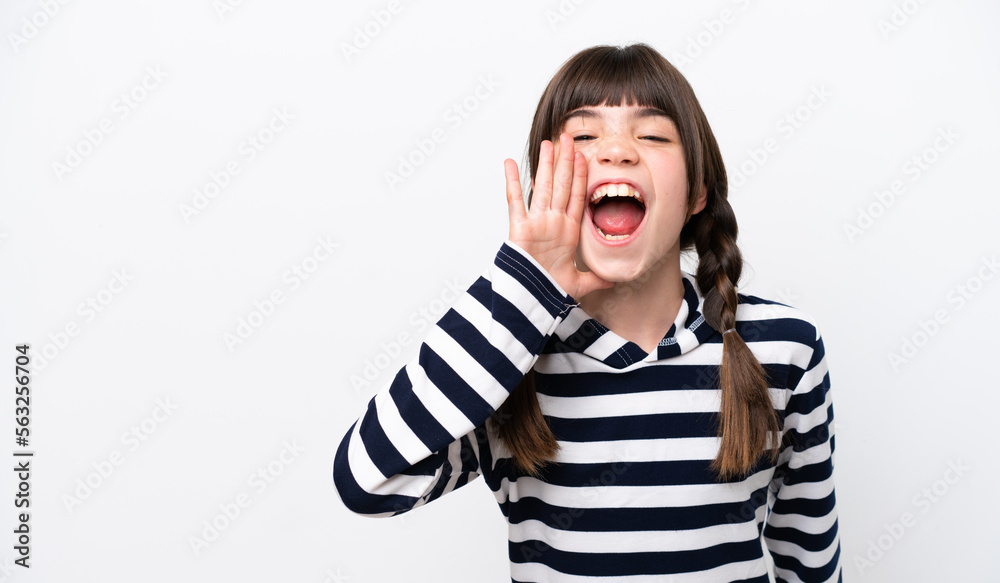 Little caucasian girl isolated on white background shouting with mouth wide open Little caucasian girl isolated on white background shouting with mouth wide open