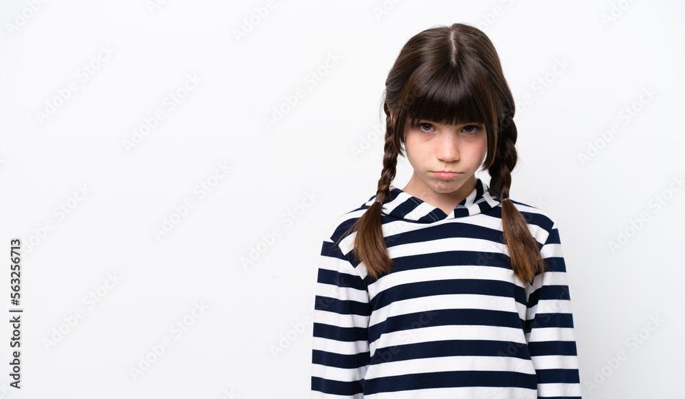 Little caucasian girl isolated on white background with sad expression Little caucasian girl isolated on white background with sad expression
