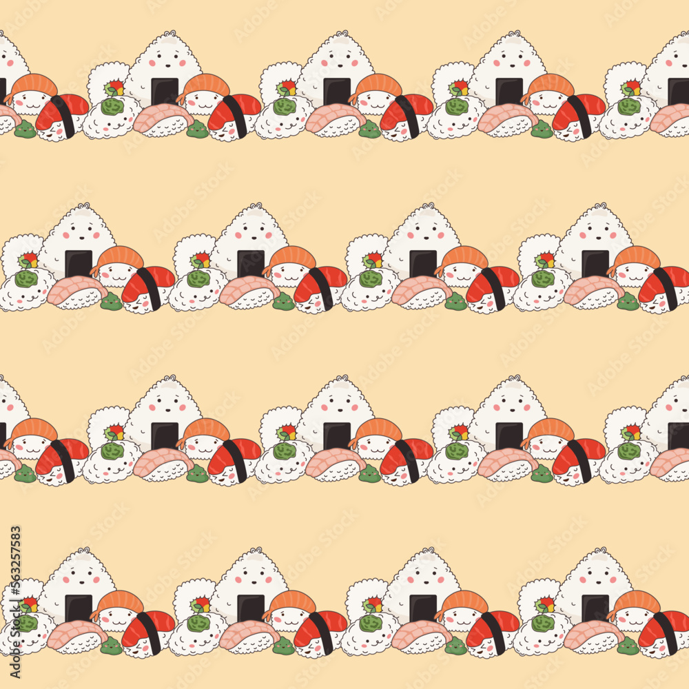 Asian Food Doodle Kawaii Symbol Wrapping Paper Print Textile Fabric Seamless Swatch Funny Asian Sushi Food Sign Seamless Pattern 