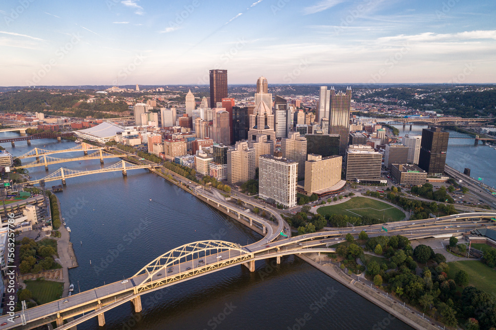 Fototapeta premium Aerial view of Pittsburgh, Pennsylvania. Business district and river in background. Beautiful Cityscape.