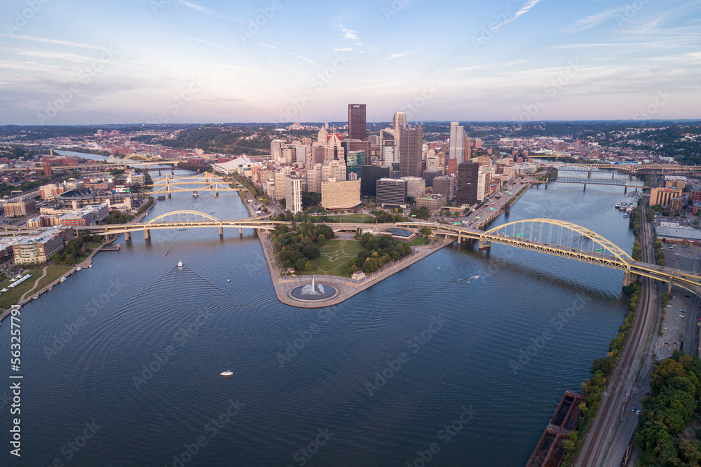 Aerial view of Pittsburgh, Pennsylvania. Business district Point State Park Allegheny Monongahela Ohio rivers in background.