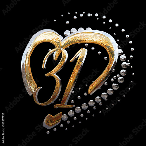 3D ILLUSTRATION. GOLD AND SILVER TEXT EFFECT ANNIVERSARY DATE NUMBERS WITH HEART RING photo