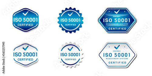 ISO 50001 Certified Label Stamp. Energy Management System Sign. With check icon. On gradient blue and white color. Premium and luxury emblem vector template