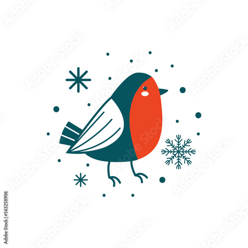Cute red little bird in winter among snow and snowflakes. New Year and Christmas character bullfinch isolated on a white background. Colored flat vector illustration in cartoon style.