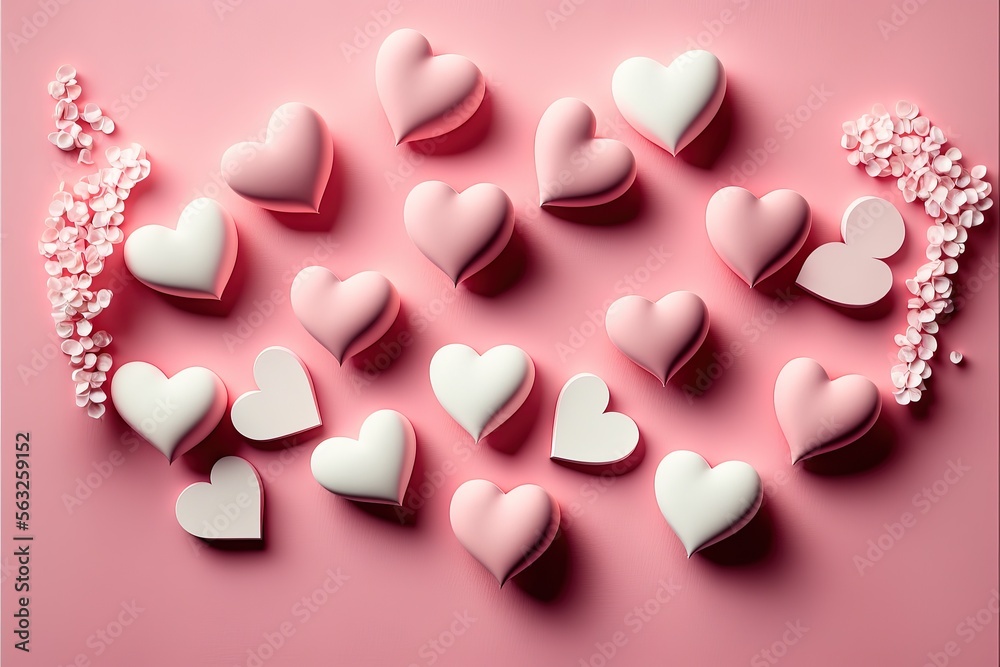Pink hearts made of paper on a pink background. Generative AI