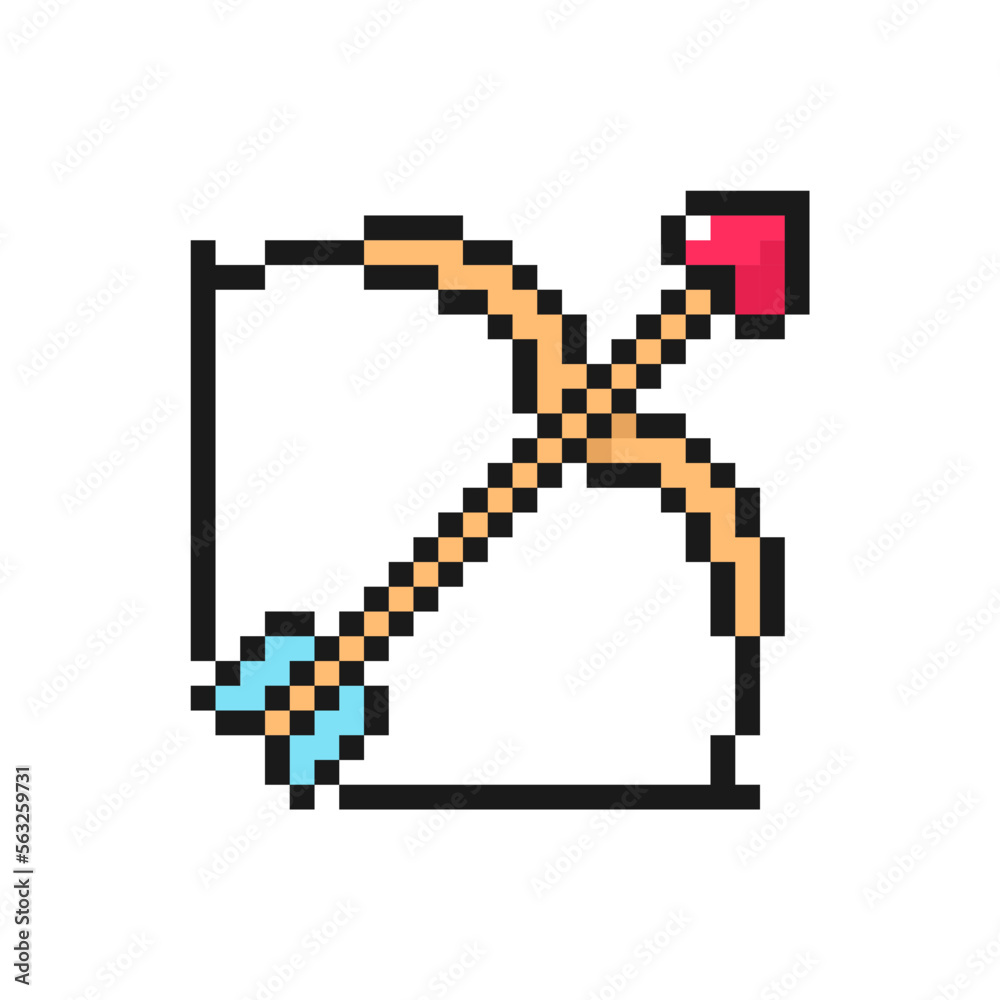 Fototapeta premium Cupid bow with stretched string pixel icon. Arrow with heart-shaped tip. Love symbol for Valentine's Day. Isolated on white background vector sign