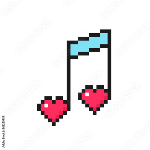 Music note with hearts, icon in pixel art design. Love symbol for Valentine's Day. Isolated on white background vector sign