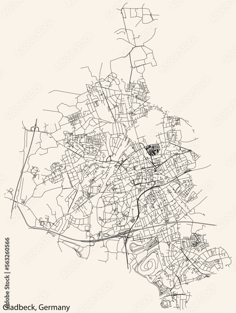 Detailed navigation black lines urban street roads map of the German town of GLADBECK, GERMANY on vintage beige background