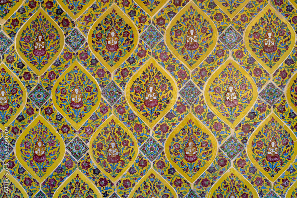Title: Close up detail of beautiful pattern tiles at Wat Ratchabophit, Bangkok, Thailand