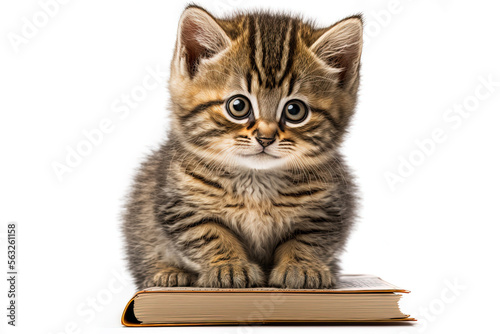 Cute kitten reads books on isolated white. The cat sits on a book. [Digital art. Generative AI painting]