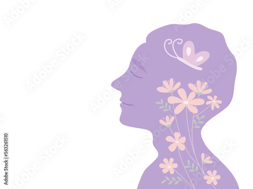 Smiling face of a young man with flowers and butterfly mental health concept. Flat vector illustration.