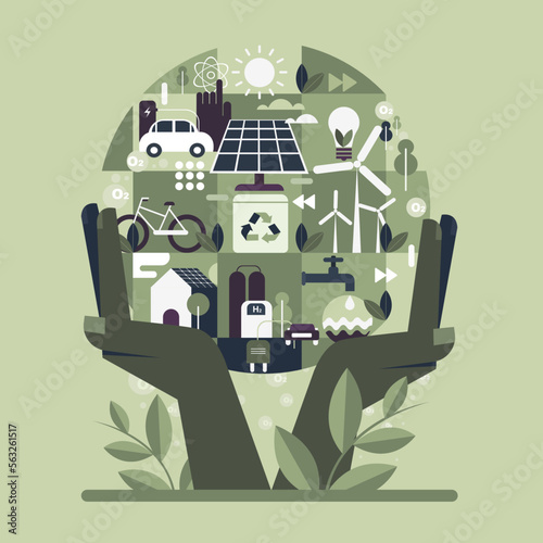 Hands holding planet earth with eco friendly green energy resources