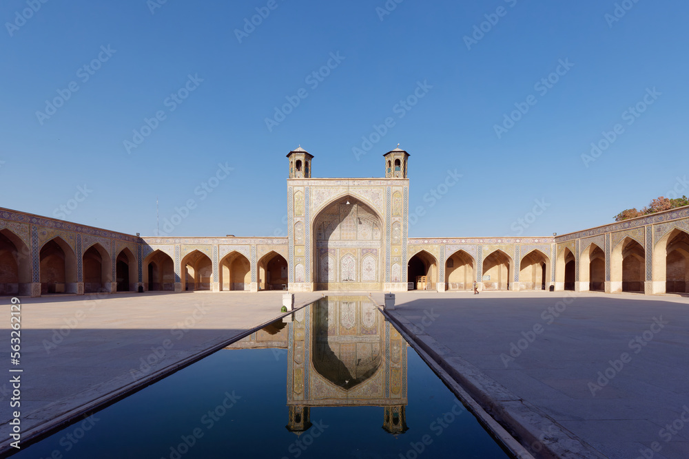 Front view of Northern Iwan and courtyard of the Vakil Mosque in Shiraz, Iran