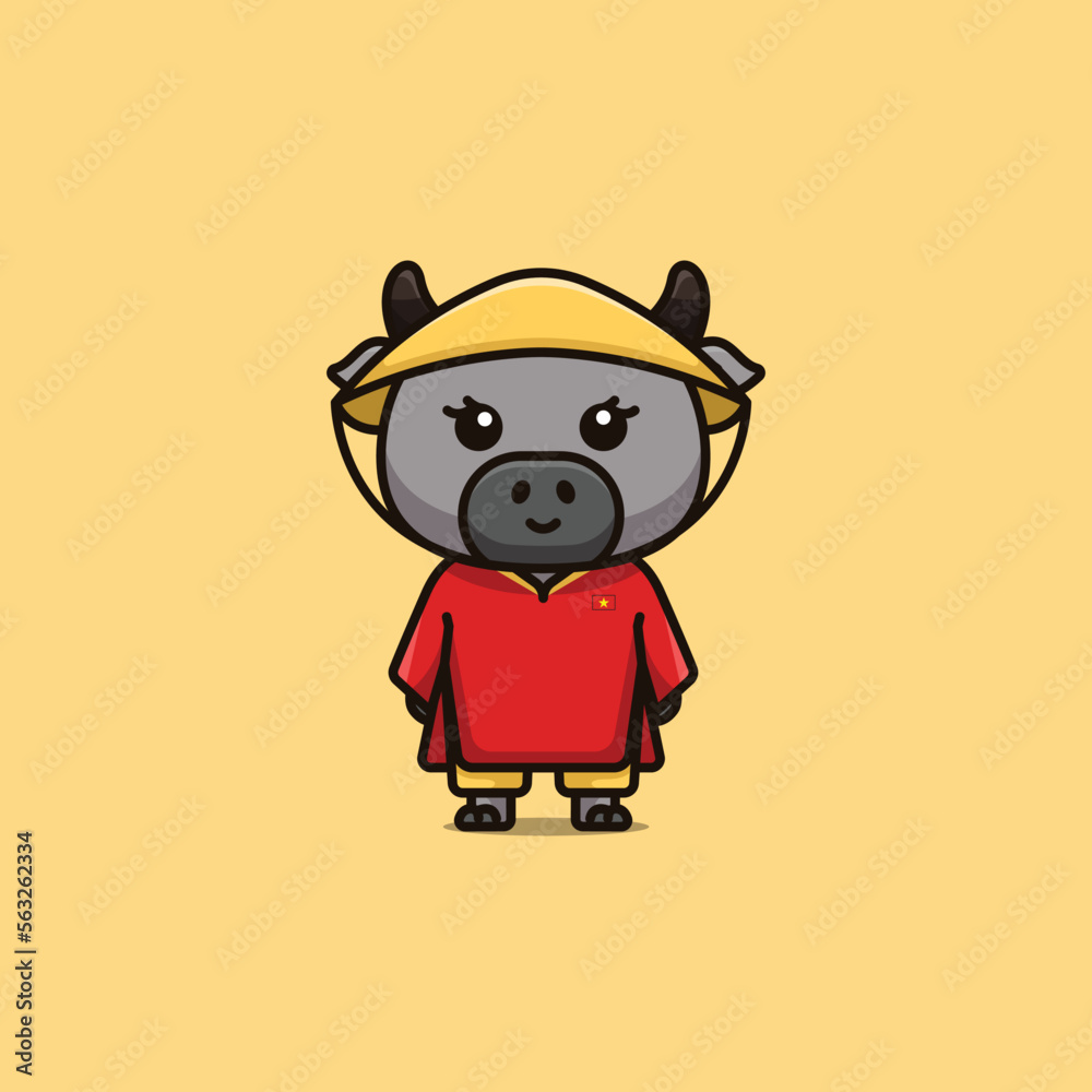Obraz premium Cute national animal female buffalo wearing Vietnamese national dress cartoon illustration free vector