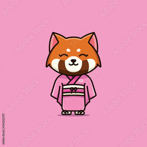 Cute national animal female red panda wearing japanese national dress  cartoon illustration