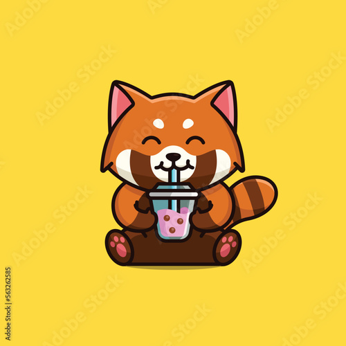Cute red panda drink boba milk tea cartoon icon illustration free vector © Satisfactoons