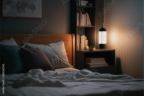 Cozy and minimalist Interior Design of Bedroom with books and night lamp post production digital illustration Generative AI Stock illustration © Ridho Mrr