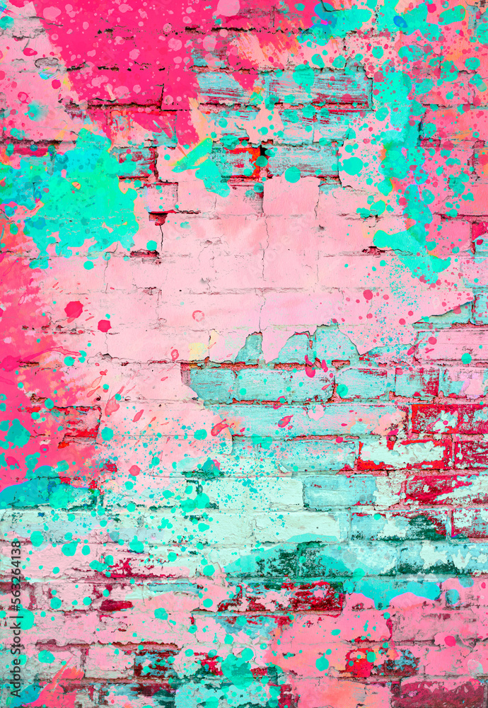 Brightly colored pink, viva magenta, and aqua turquoise paint splatter digital painting on brick wall background texture with empty space for copy as a grunge retro colored template