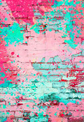 Brightly colored pink, viva magenta, and aqua turquoise paint splatter digital painting on brick wall background texture with empty space for copy as a grunge retro colored template