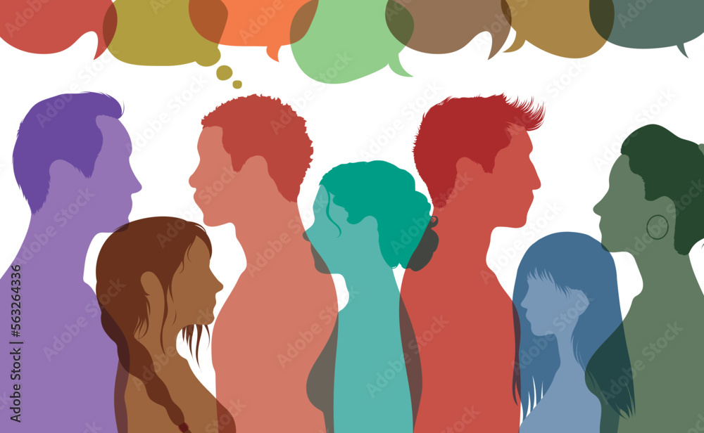 Communication and network between diverse people. Multicultural business people and speech bubble. Flat vector illustration