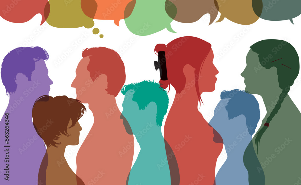 Multicoloured people talking. Dialogue in multi-ethnic people. Speech bubble. Flat vector illustration