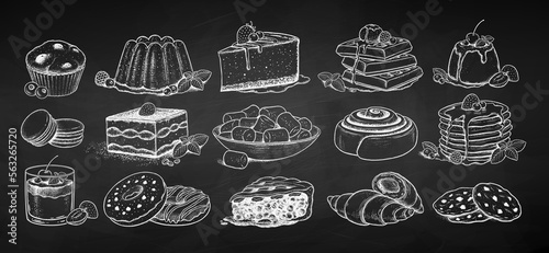 Vector chalk drawn sketchy illustrations collection of desserts and sweet food. Vintage style drawing isolated on chalkboard background.